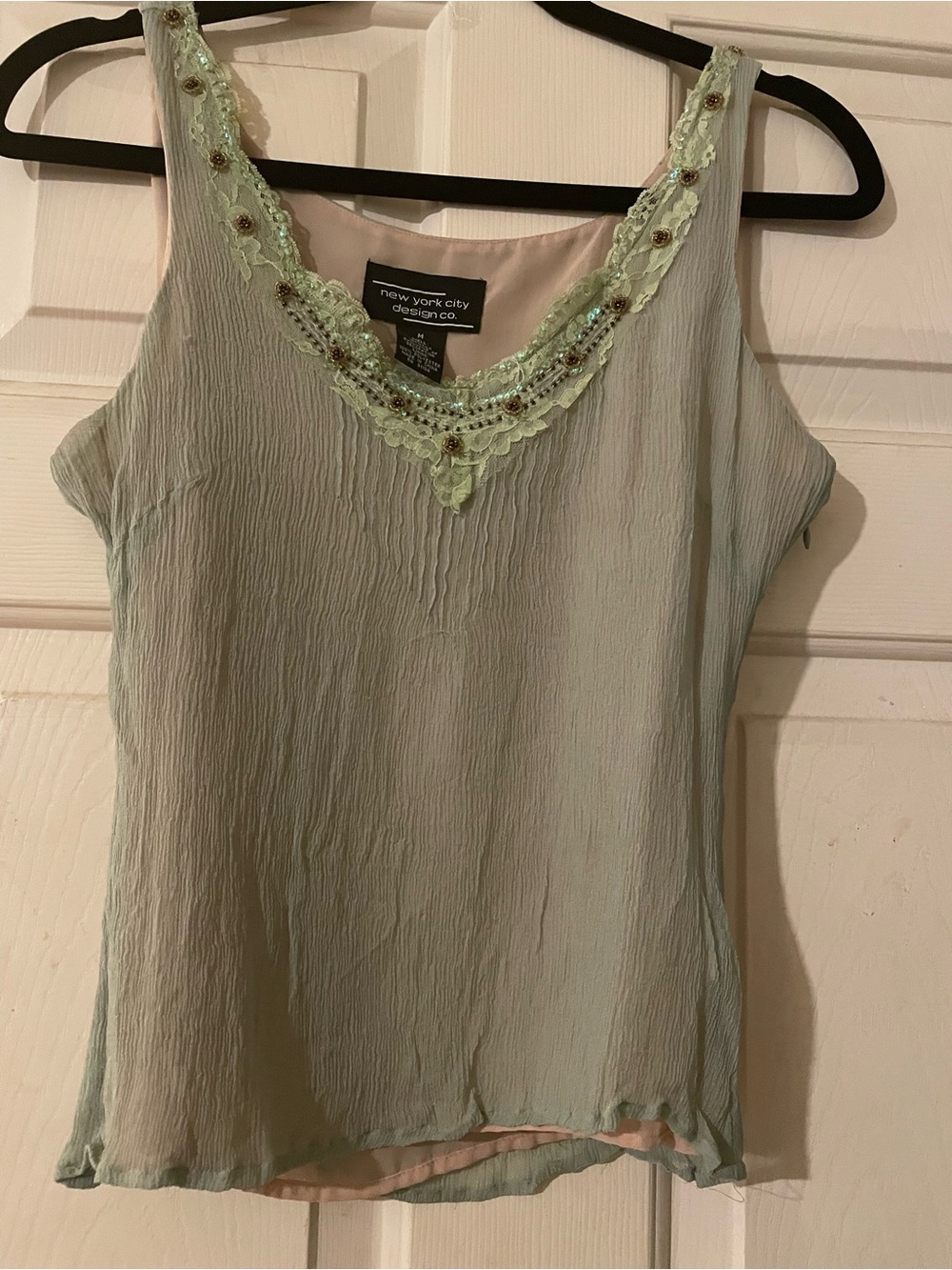 NYC Design Co 100% Silk Beaded Lace Camisole Tank Medium Sage Pink